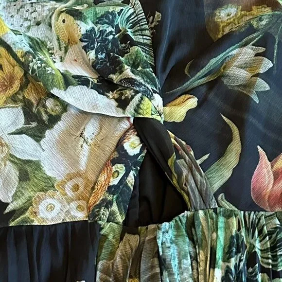 Pankaj & Nidhi Anthro Chiffon Floral Print Dress Long Sleeve Pleated Size Medium - Picture 4 of 16